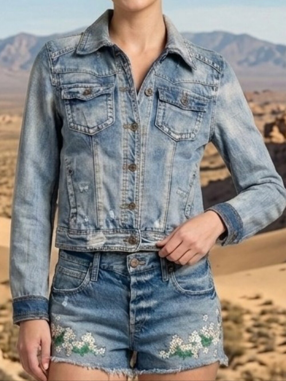 146h. White Crow Blue Denim Jacket Pairs With AO Embroidard Jean Shorts Bundle